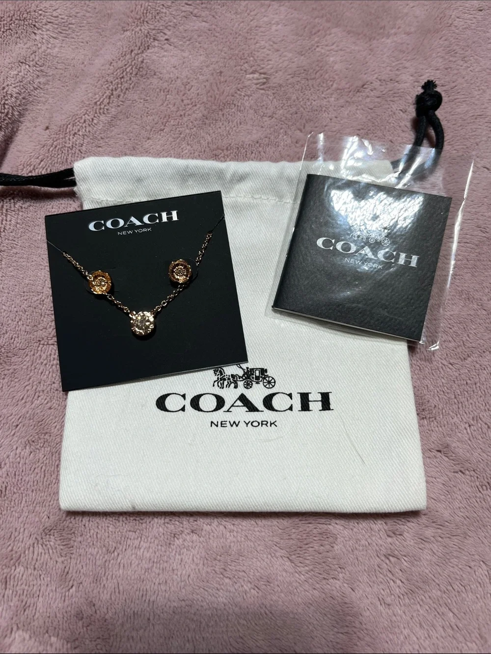 Coach Rose Gold-Tone Crystal Pendant Necklace with earrings